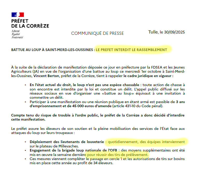 corrèze : la préfecture interdit la battue aux loups ! mais la menace plane toujours... 1 Corrèze : la préfecture interdit la battue aux loups ! Mais la menace plane toujours...