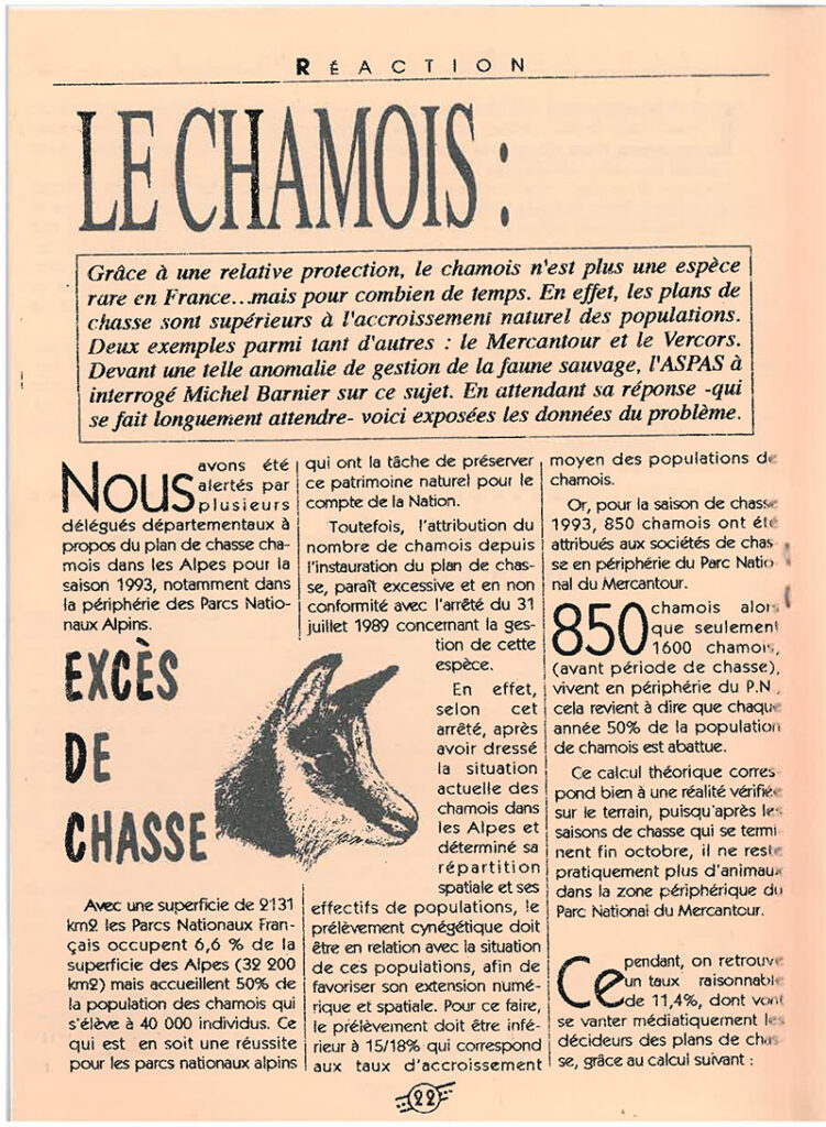 quand l’aspas dénonçait déjà les excès de la chasse du chamois, en 1993... 2 Quand l’ASPAS dénonçait déjà les excès de la chasse du chamois, en 1993...