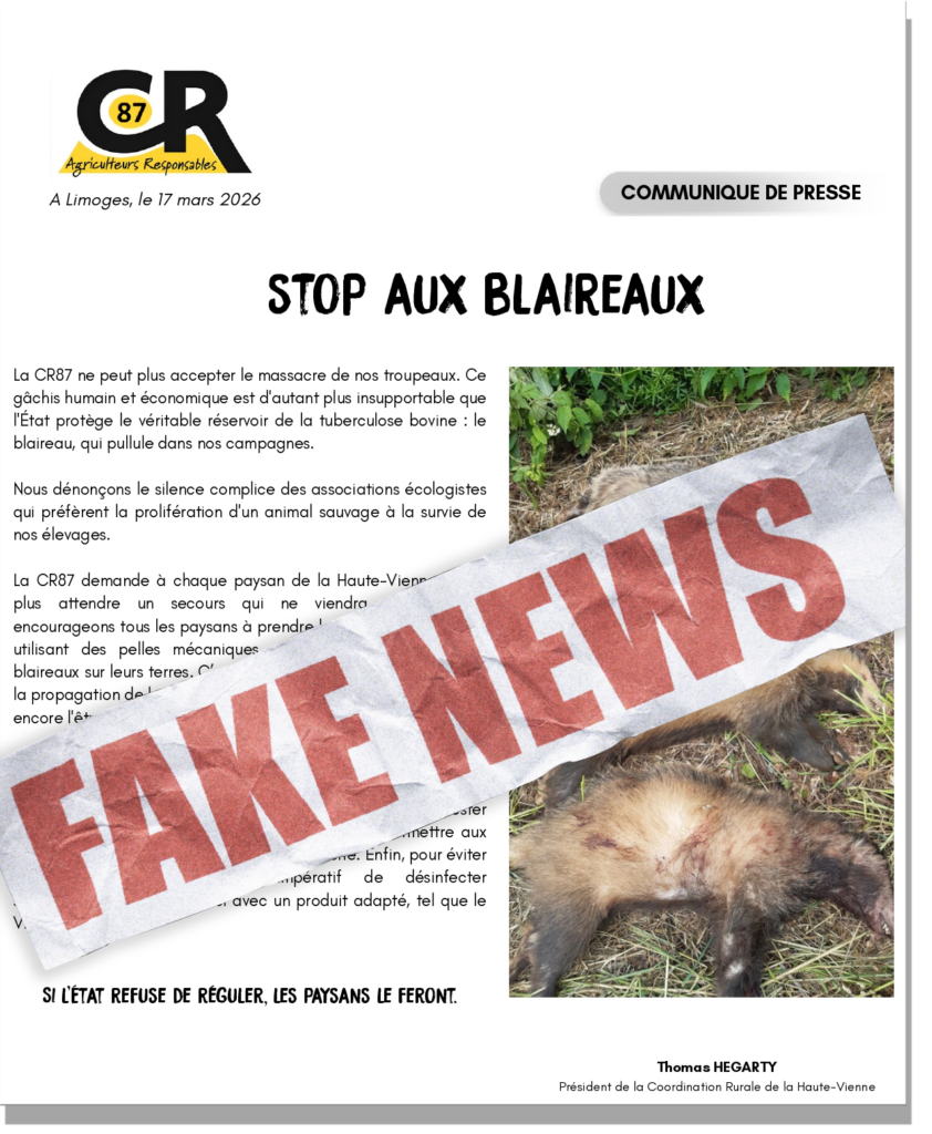 Blaireaux déterrés à la tractopelle : l’ASPAS déposera plainte contre la Coordination rurale 87 ! 