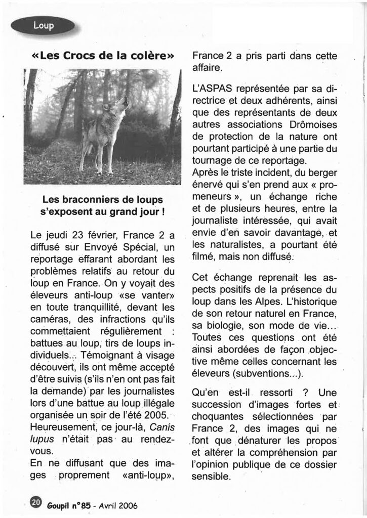 En 2006, quand l'ASPAS participait à un "Envoyé Spécial" sur le loup...